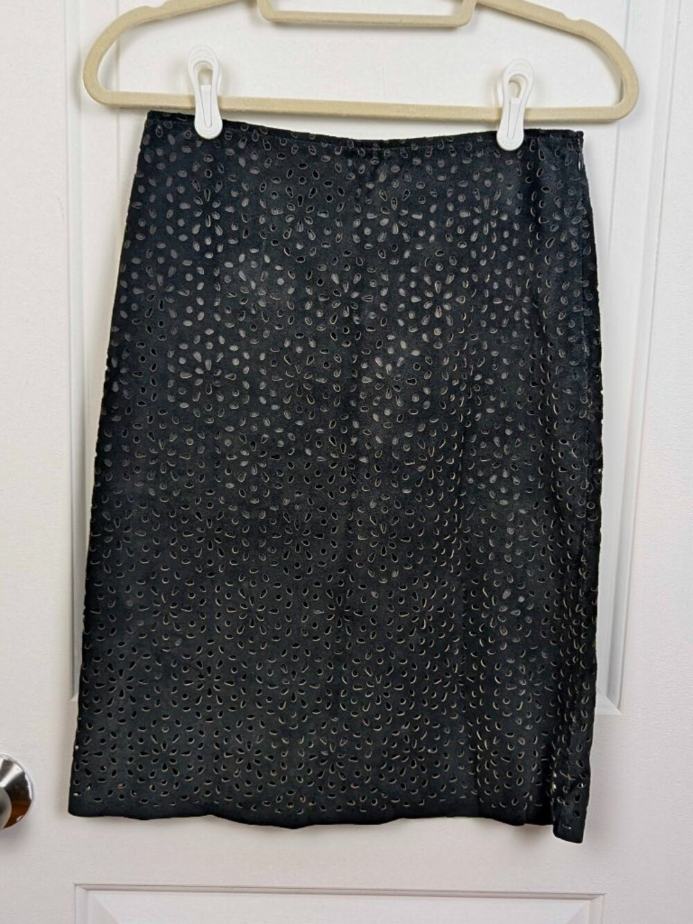 Theory | Black Laser Cut Perforated Leather Pencil Skirt Size 2